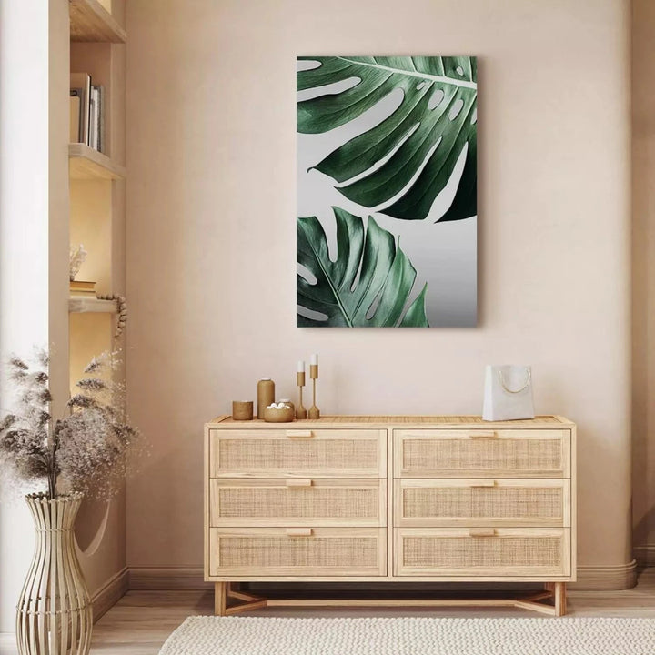 Kanva - Monstera lapas, 117113, zaļas lapas uz gaiši pelēka fona ART XL