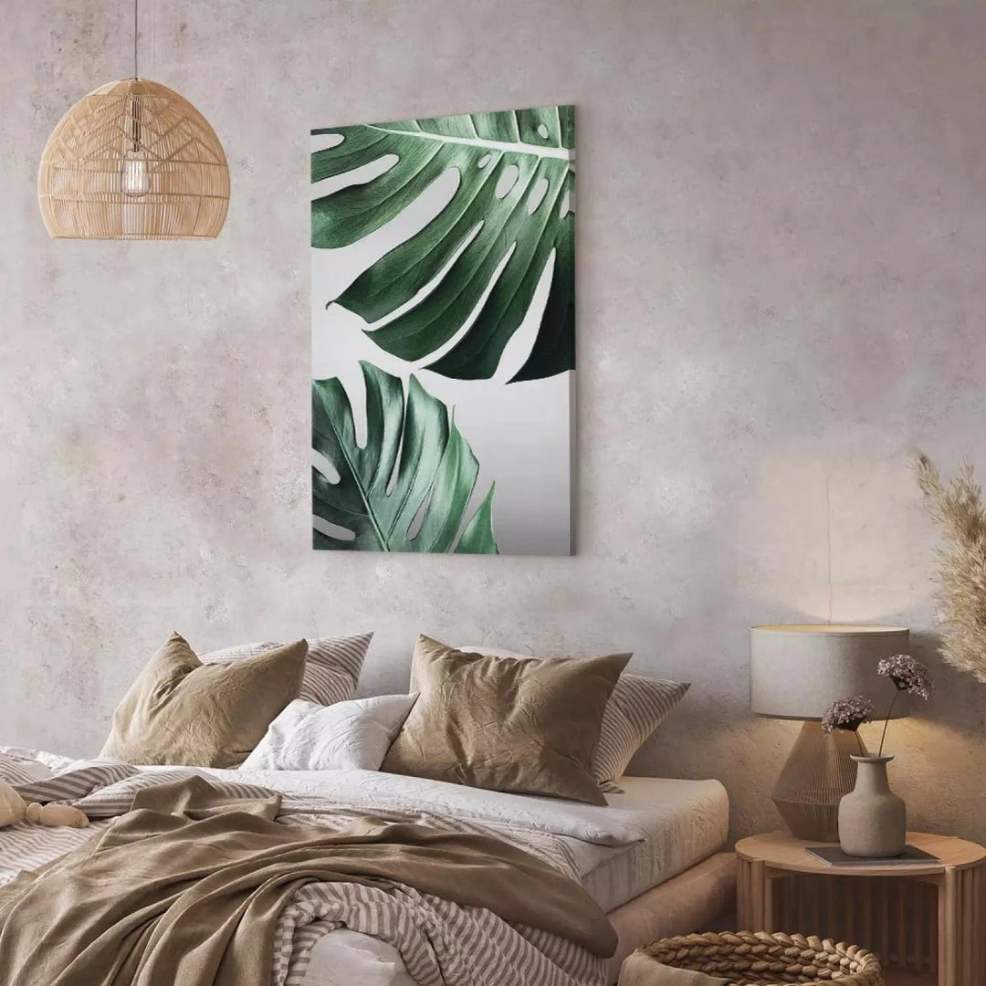 Kanva - Monstera lapas, 117113, zaļas lapas uz gaiši pelēka fona ART XL