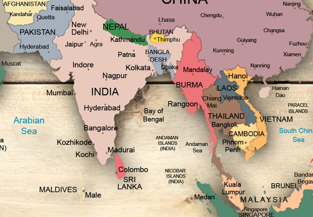 Glezna - Pasaules karte uz dabīga koka: Krāsaini kontinenti G-ART.