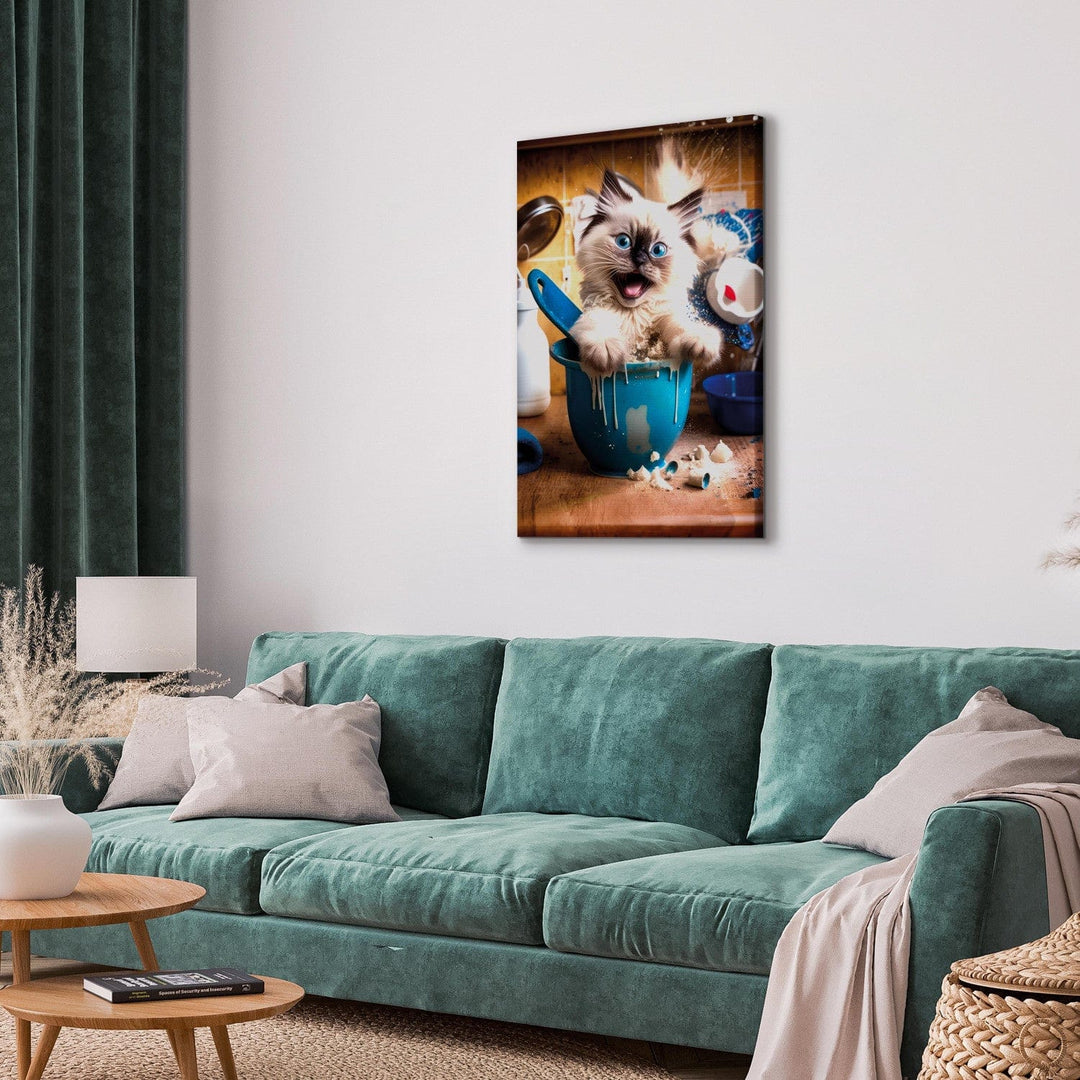 Glezna no mākslīgā intelekta - Pūkains kaķis spēlē virtuvē, 150141 G-ART