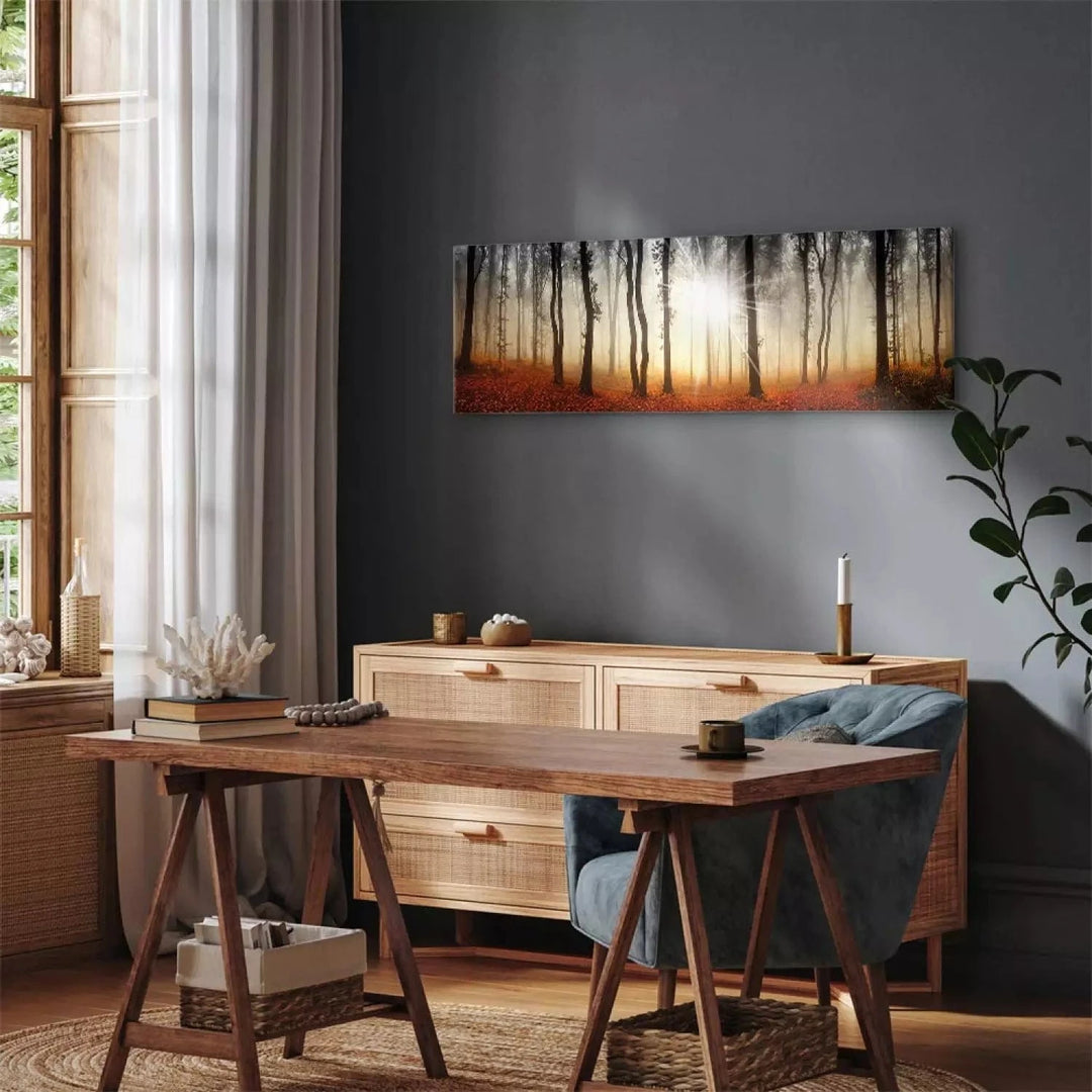Kanva - Rudens migla mežā - Zelta sezona mežā ar saulrieta fonu G-ART
