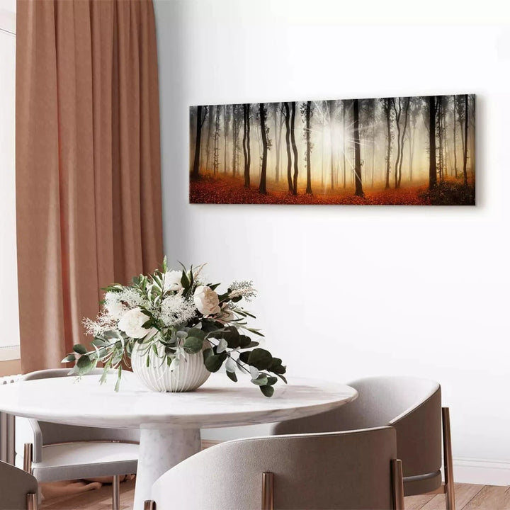 Kanva - Rudens migla mežā - Zelta sezona mežā ar saulrieta fonu G-ART