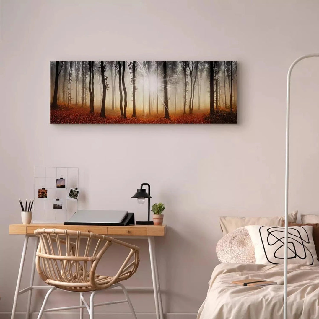 Kanva - Rudens migla mežā - Zelta sezona mežā ar saulrieta fonu G-ART