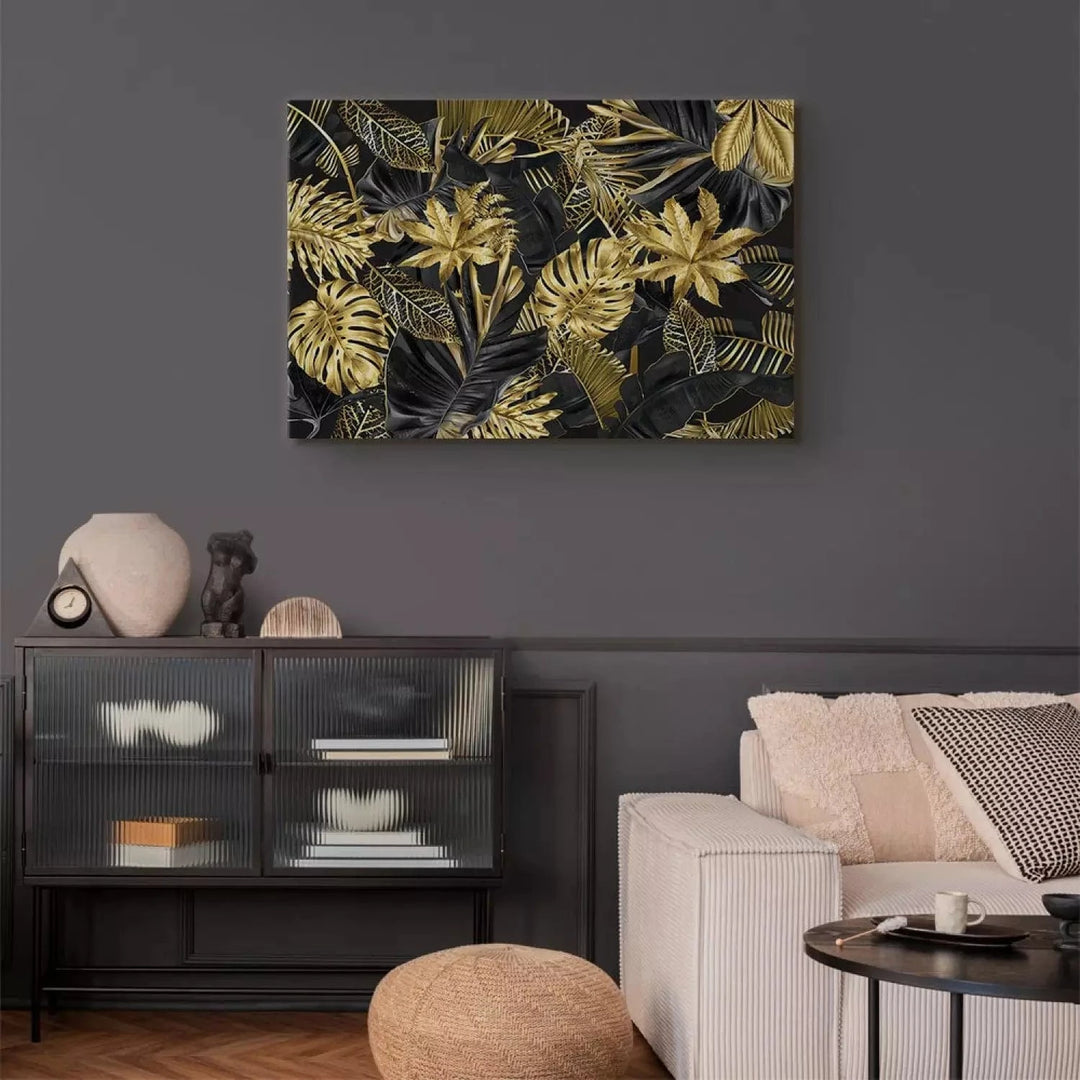 Kanva - Tropu lapas zelta un melnā krāsā - elegantam interjeram ART XL