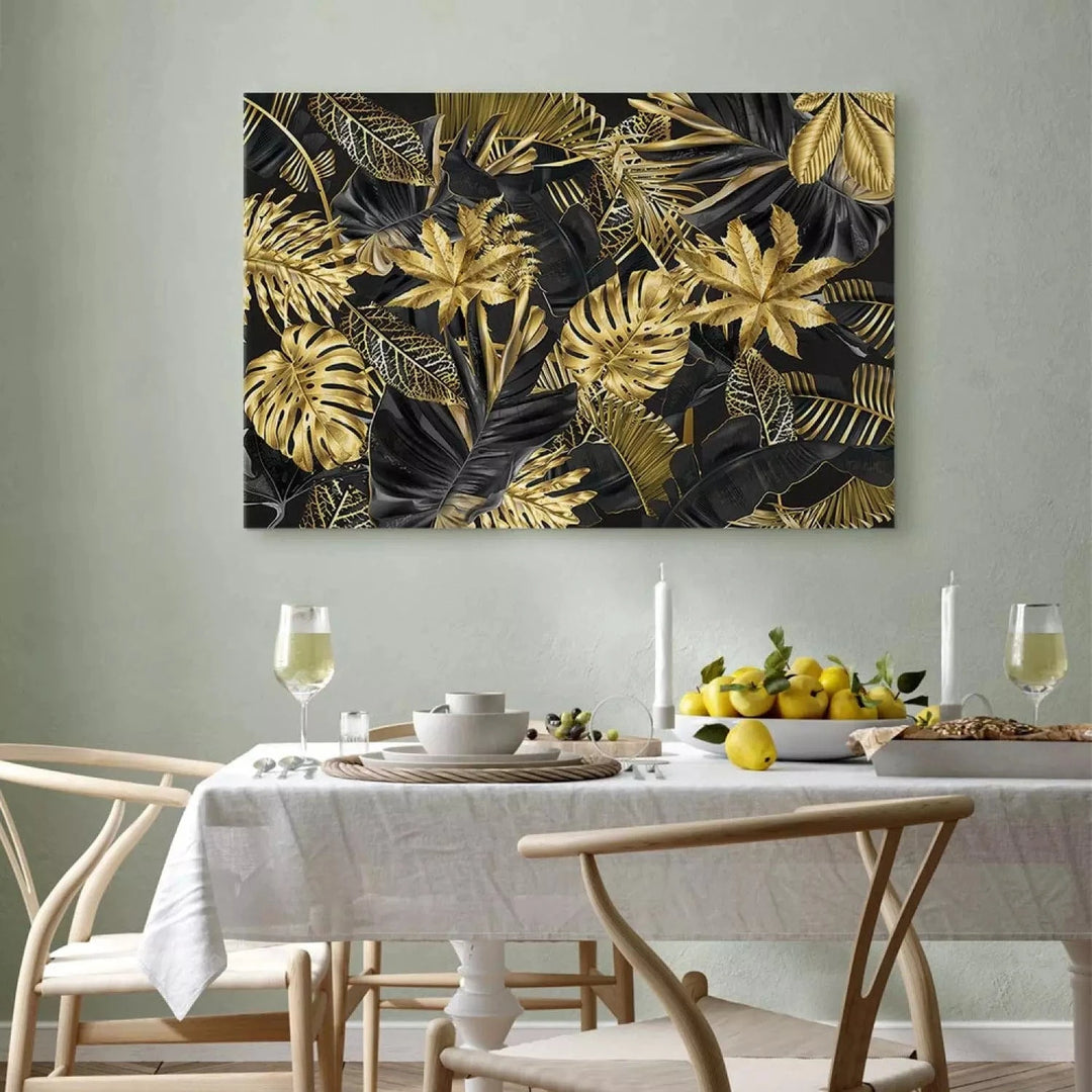 Kanva - Tropu lapas zelta un melnā krāsā - elegantam interjeram ART XL