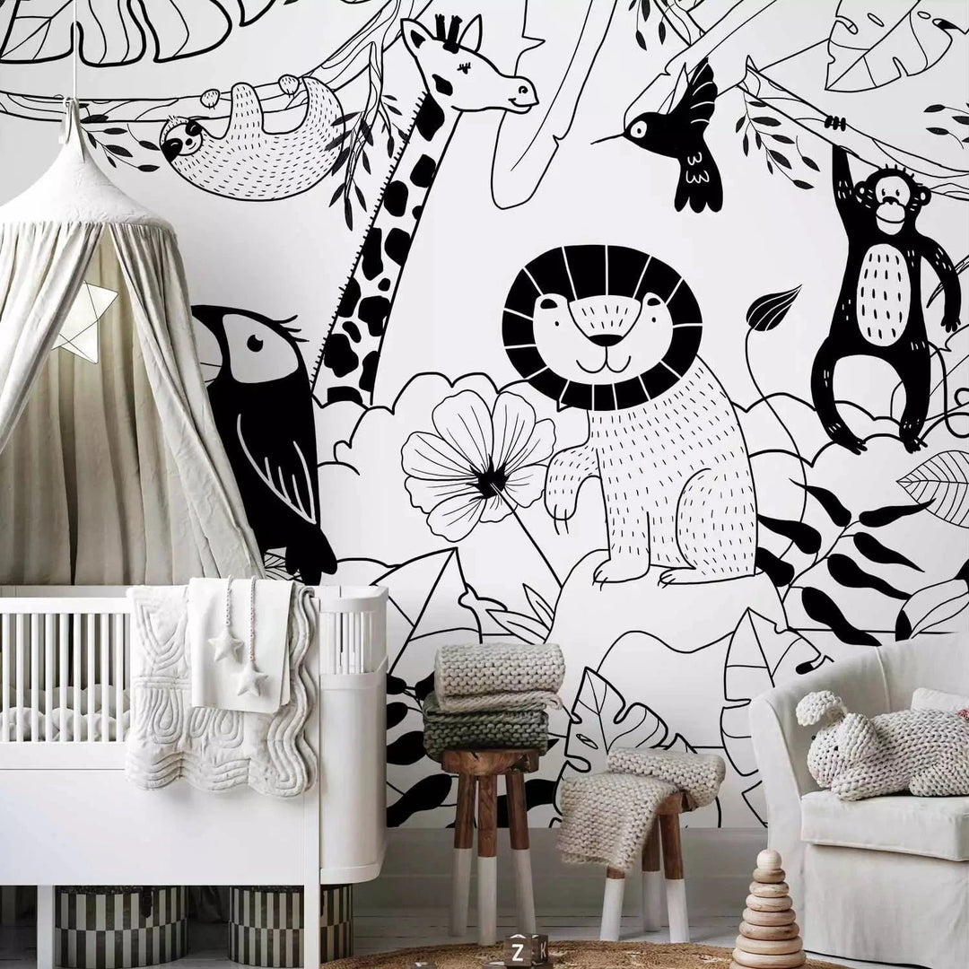 Melnbaltas fototapetes bērnistabai - Laimīgi džungļi G-ART