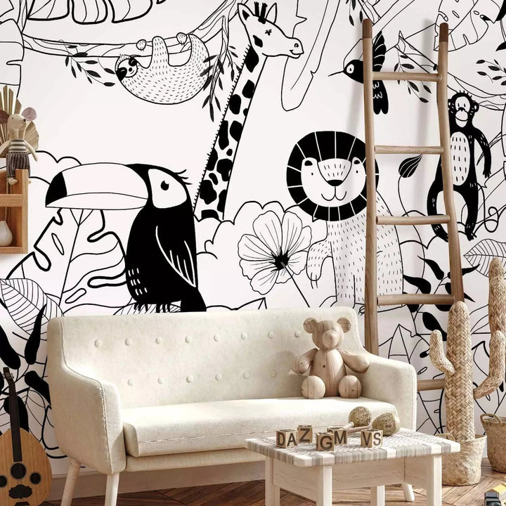 Melnbaltas fototapetes bērnistabai - Laimīgi džungļi G-ART