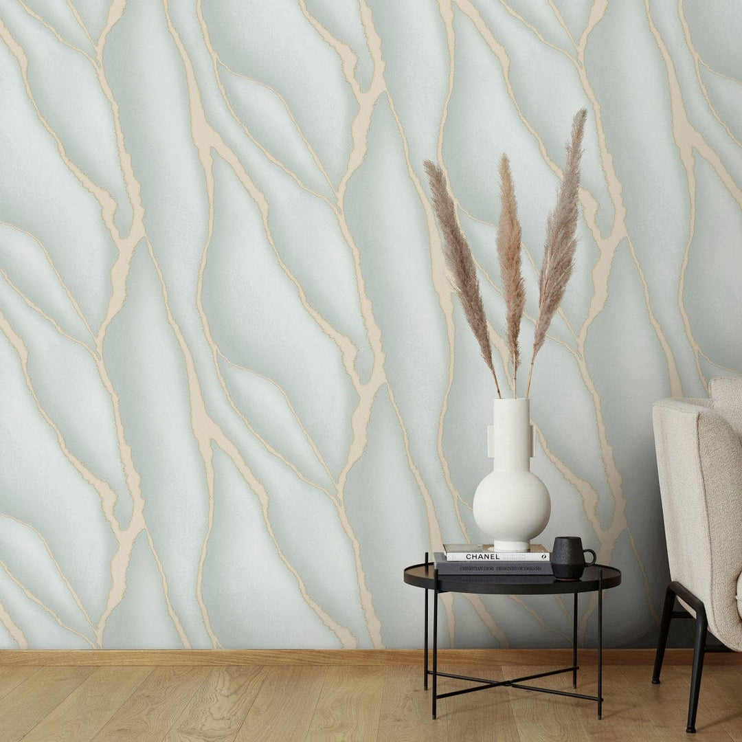 Modernas tapetes ar lielu marmora rakstu zaļā/zeltā krāsā - 1034507 Erismann