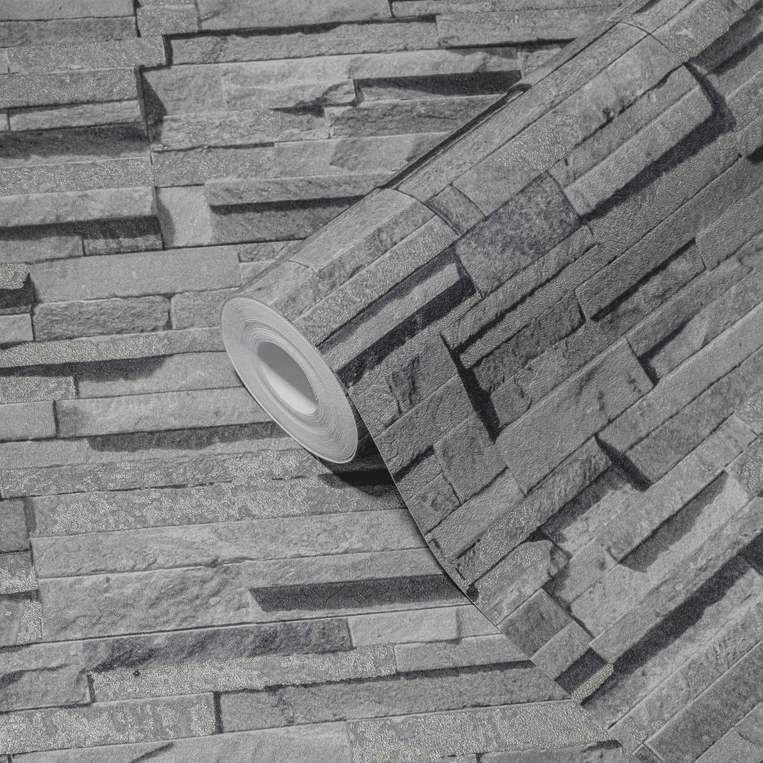 Tapetes ar akmens sienas izskatu - tumši pelēkas - 1366103 AS Creation