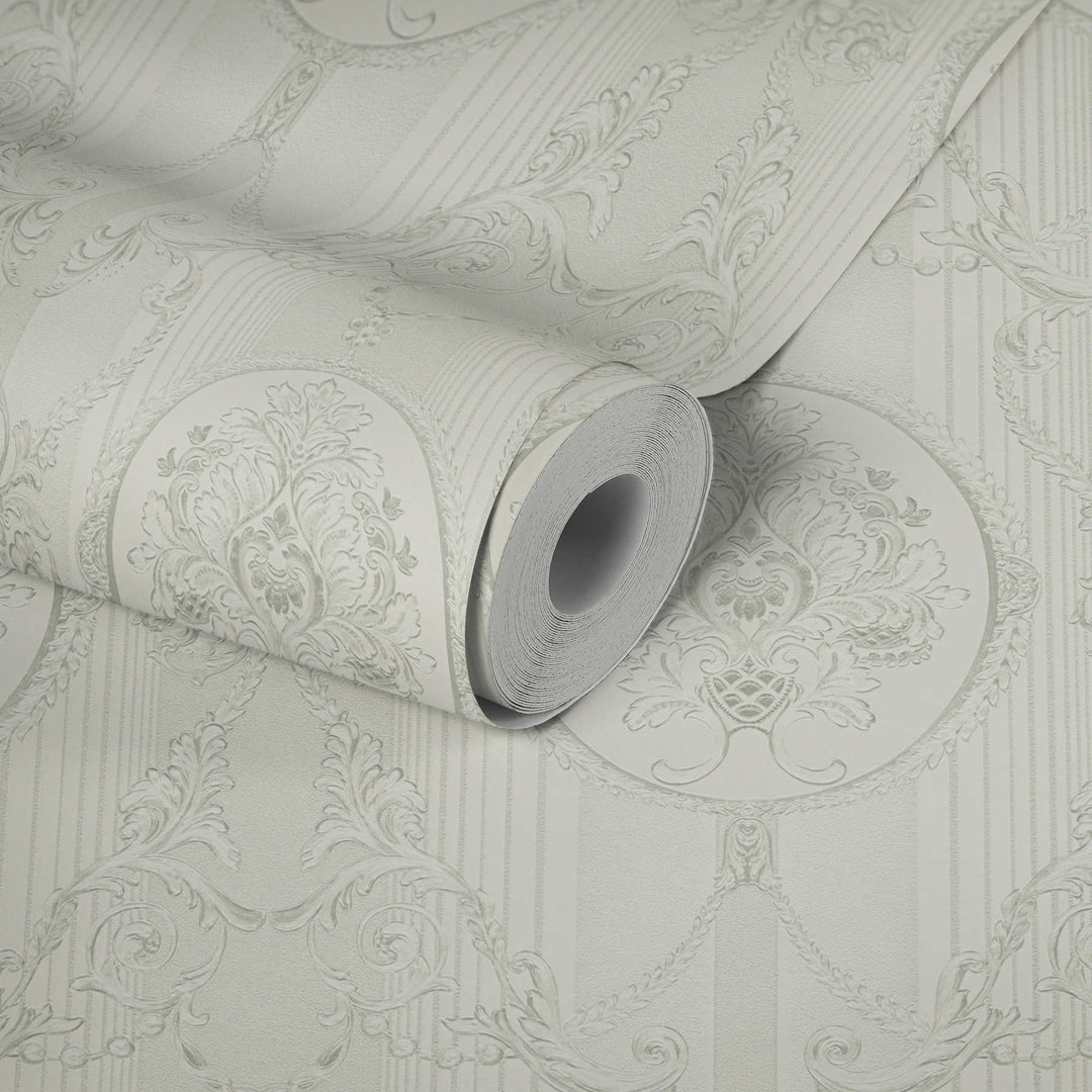 Neobaroka tapetes ar ornamentu un metālisku efektu baltā krāsā, 330833 AS Creation