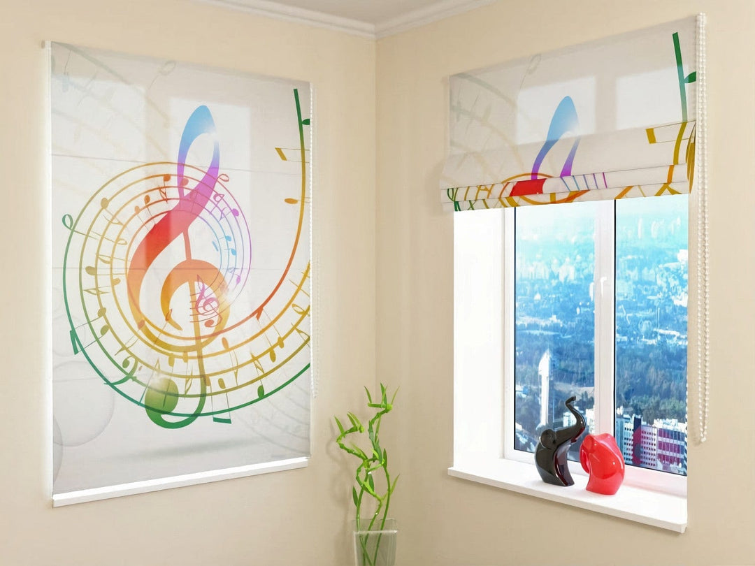 Romiešu žalūzijas ar mūzikas tematiku - krāsaina muzikāla abstrakcija Tapetenshop.lv