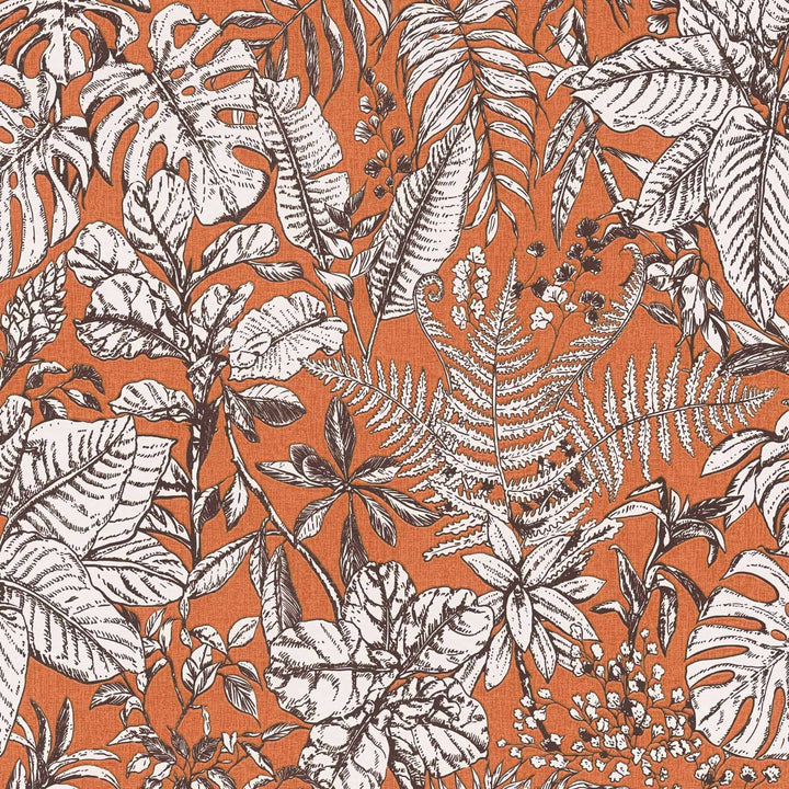 Džungļu tapetes oranžā krāsā, Monstera lapas un papardes  AS 375204 AS Creation