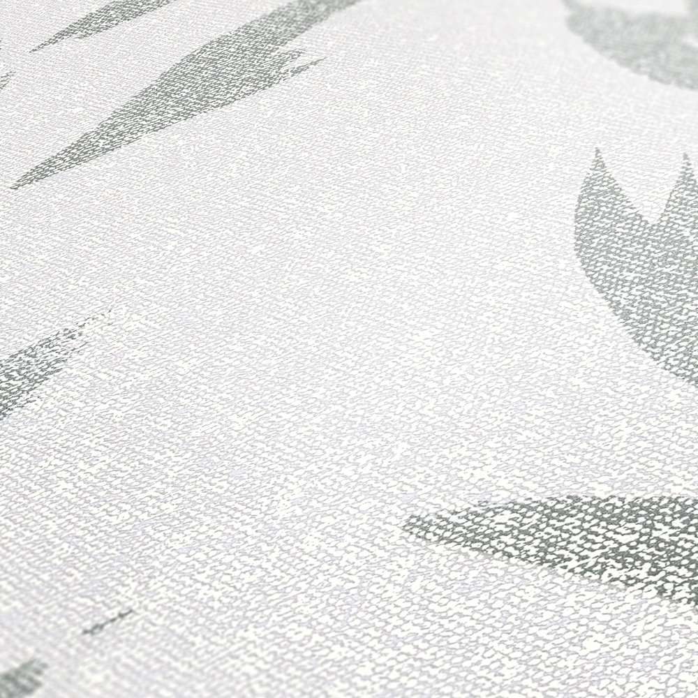 Pelēkas tapetes ar abstraktam lapām un tekstila imitāciju krāsā 375494 AS Creation