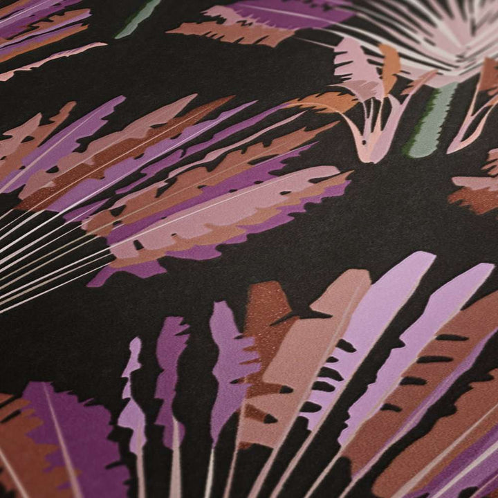 Melnas tapetes ar violetu palmu rakstu AS 377083 AS Creation