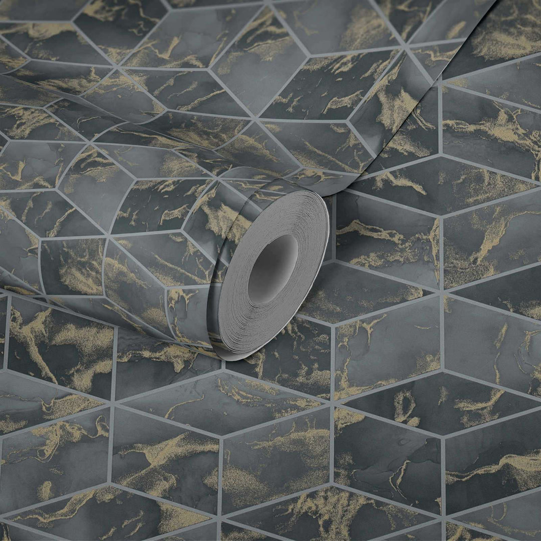 Tumši pelēkas tapetes ar flīzes imitāciju AS378634 AS Creation