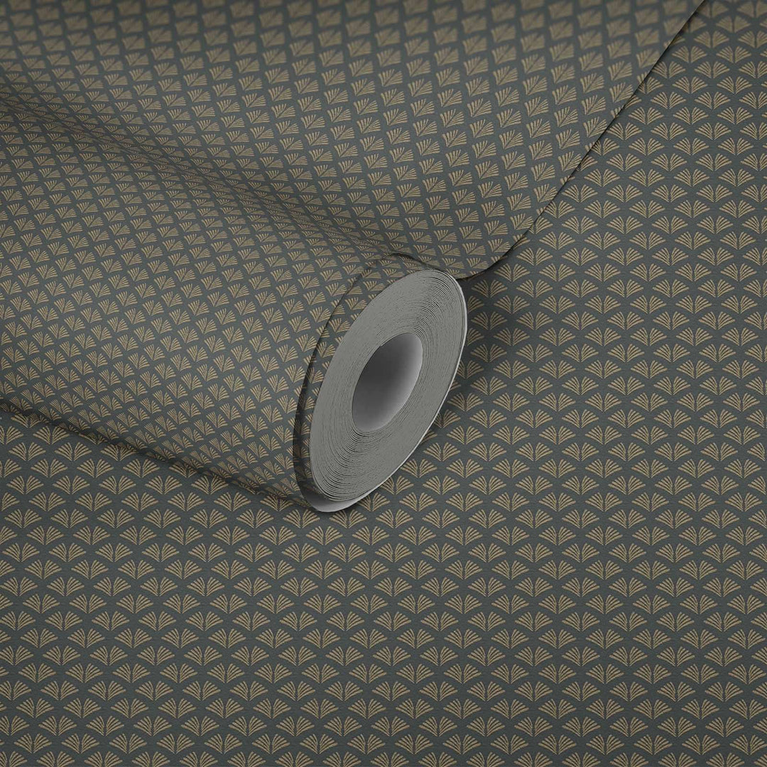 Modernas tapetes ar metāliski zelta rakstu uz melna pamata AS 379583 Tapetenshop.lv