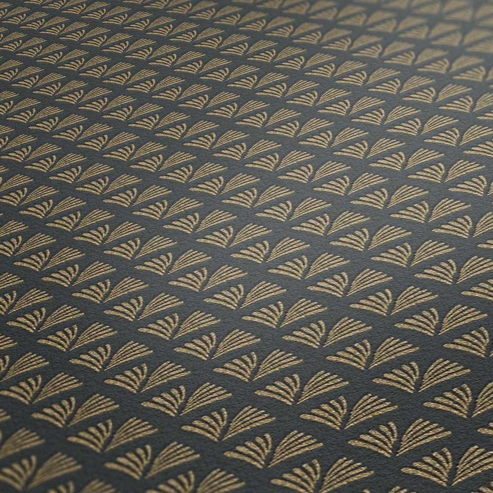 Modernas tapetes ar metāliski zelta rakstu uz melna pamata AS 379583 Tapetenshop.lv