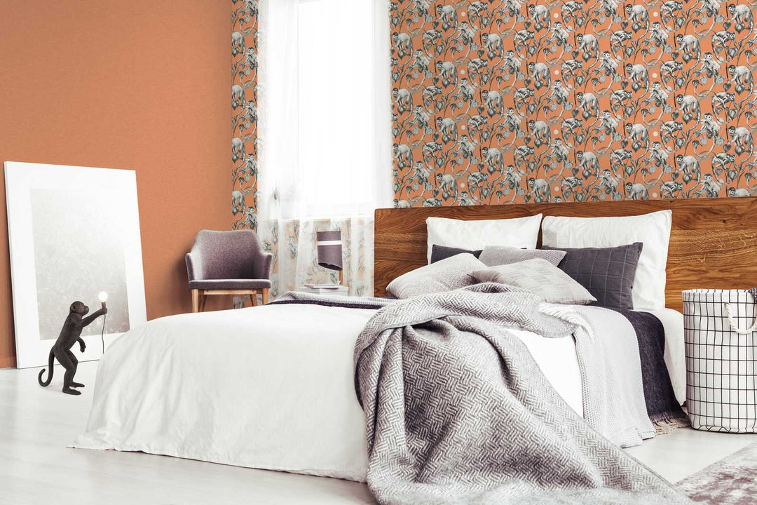 Dizaina tapetes ar pērtiķiem un lapam, oranža un pelēka AS 379824 Tapetenshop.lv