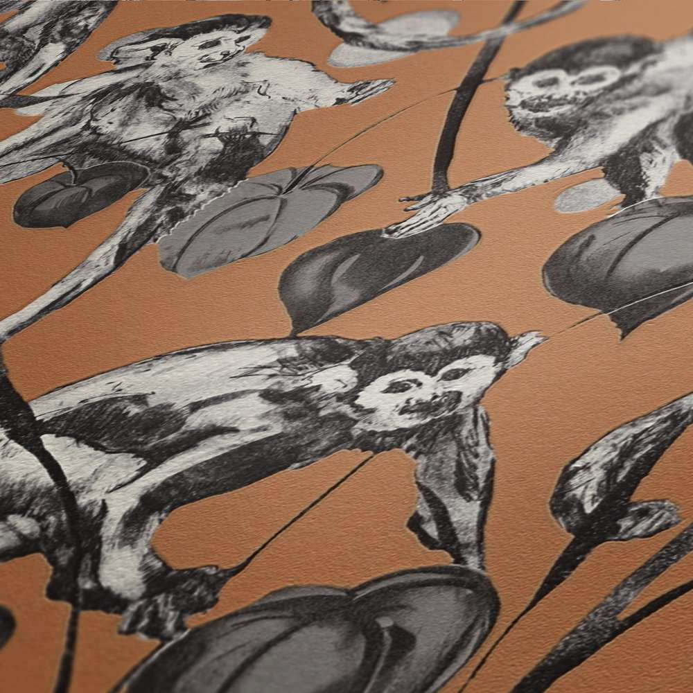 Dizaina tapetes ar pērtiķiem un lapam, oranža un pelēka AS 379824 Tapetenshop.lv