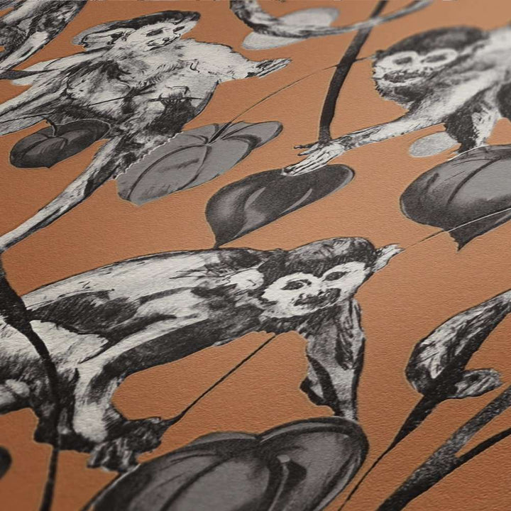 Dizaina tapetes ar pērtiķiem un lapam, oranža un pelēka AS 379824 Tapetenshop.lv