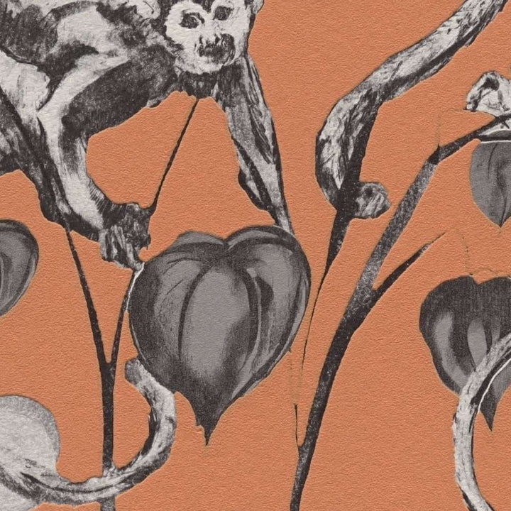 Dizaina tapetes ar pērtiķiem un lapam, oranža un pelēka AS 379824 Tapetenshop.lv