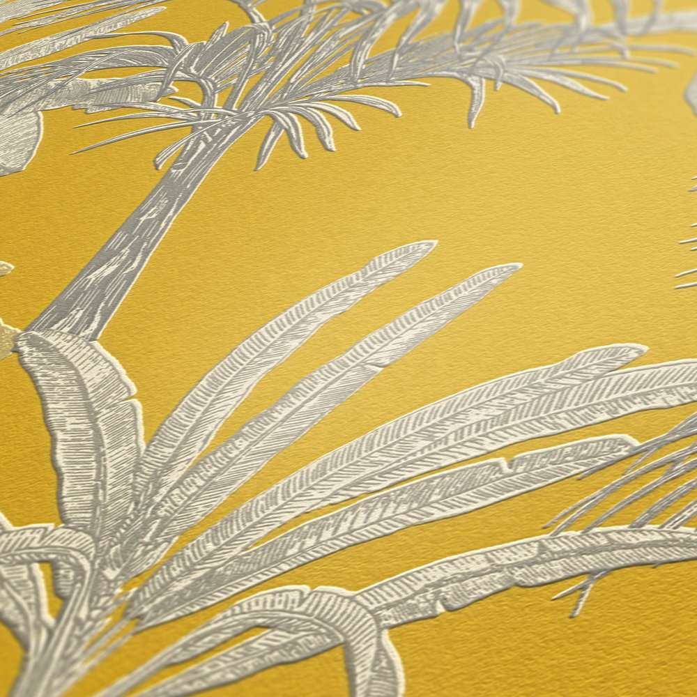 Dzeltenas palmu tapetes ar struktūr un rakstu koloniālā stilā 379833 Tapetenshop.lv