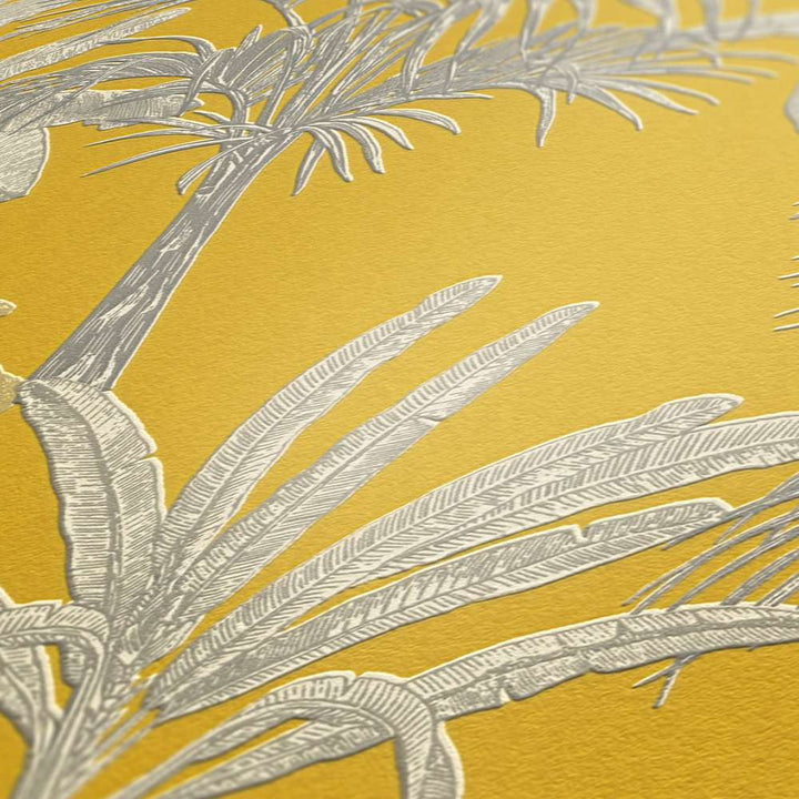 Dzeltenas palmu tapetes ar struktūr un rakstu koloniālā stilā 379833 Tapetenshop.lv