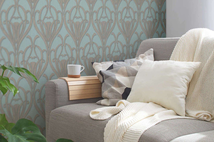 Art Deco piparmētru zaļa tapetes ar tekstila struktūru AS 380912 Tapetenshop.lv