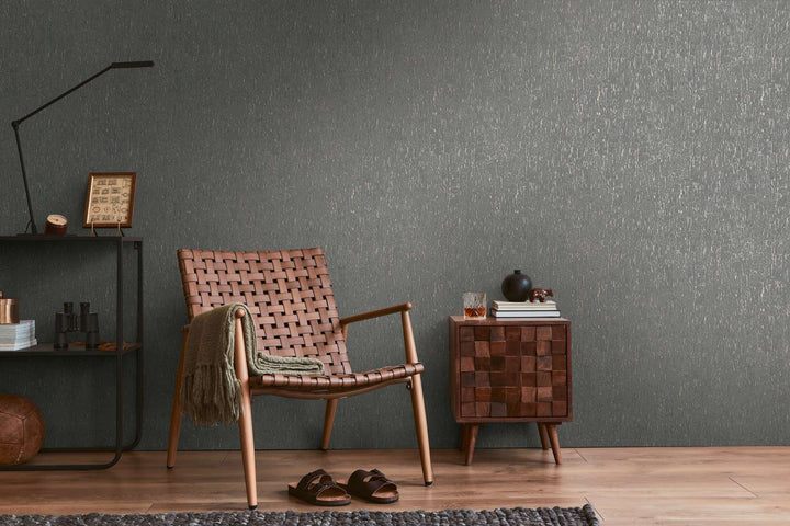 Tapetes ar apmetuma izskatu melnā krāsā ar zelta elementiem, 395626 AS Creation