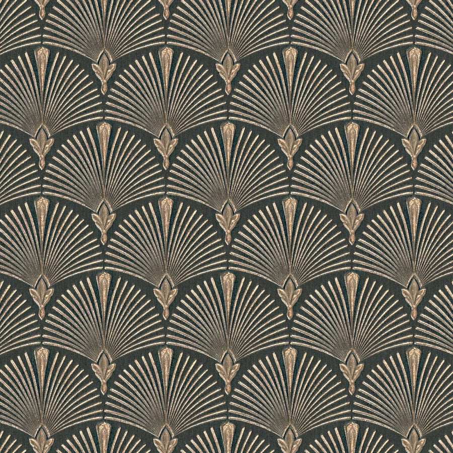 Tapetes ar Art Deco ornamentu: pāvu spalva melnā un zeltā, 1034615 Erismann