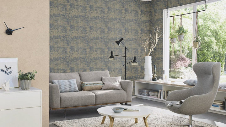 Tapetes ar auduma faktūru ar nelielu spīdumu, zila un zelta - 1442143 RASCH