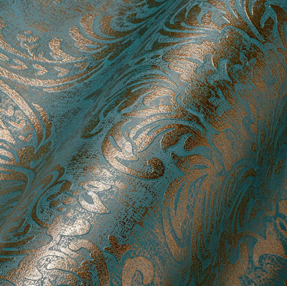 Tapetes ar baroka ornamentiem, tirkīzā un zeltā  krāsā - 1373724 AS Creation