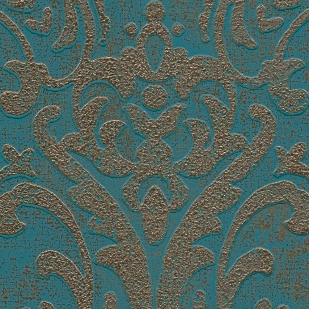 Tapetes ar baroka ornamentiem, tirkīzā un zeltā  krāsā - 1373724 AS Creation