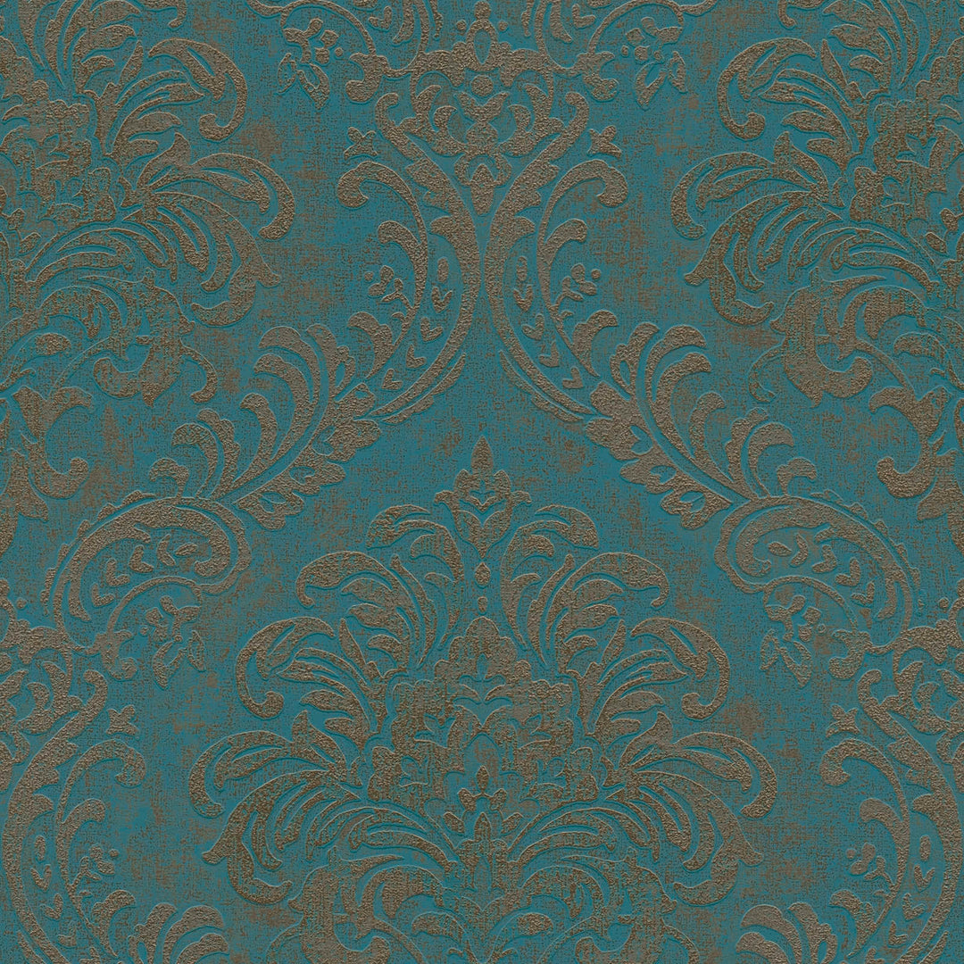 Tapetes ar baroka ornamentiem, tirkīzā un zeltā  krāsā - 1373724 AS Creation