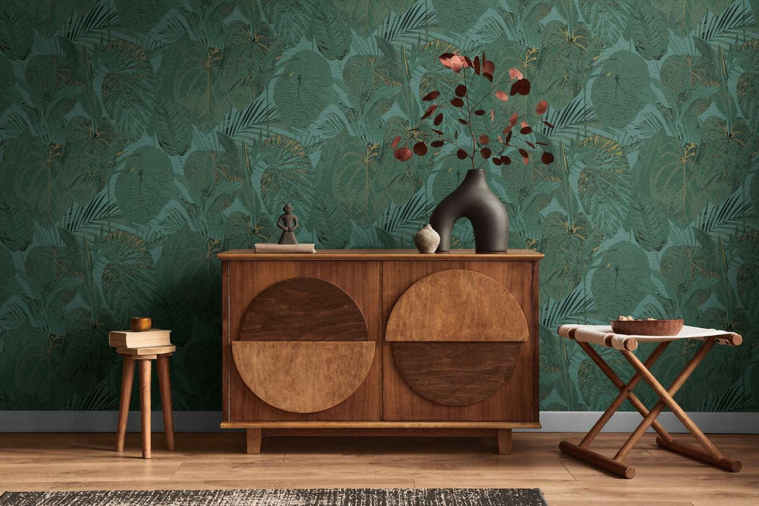 Tapetes ar džungļu rakstu, matētas: tirkīza, zila, zaļa, 393553 AS Creation