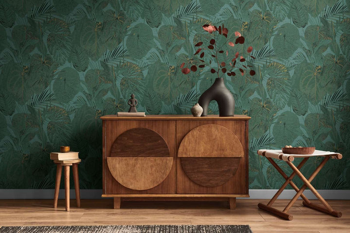 Tapetes ar džungļu rakstu, matētas: tirkīza, zila, zaļa, 393553 AS Creation