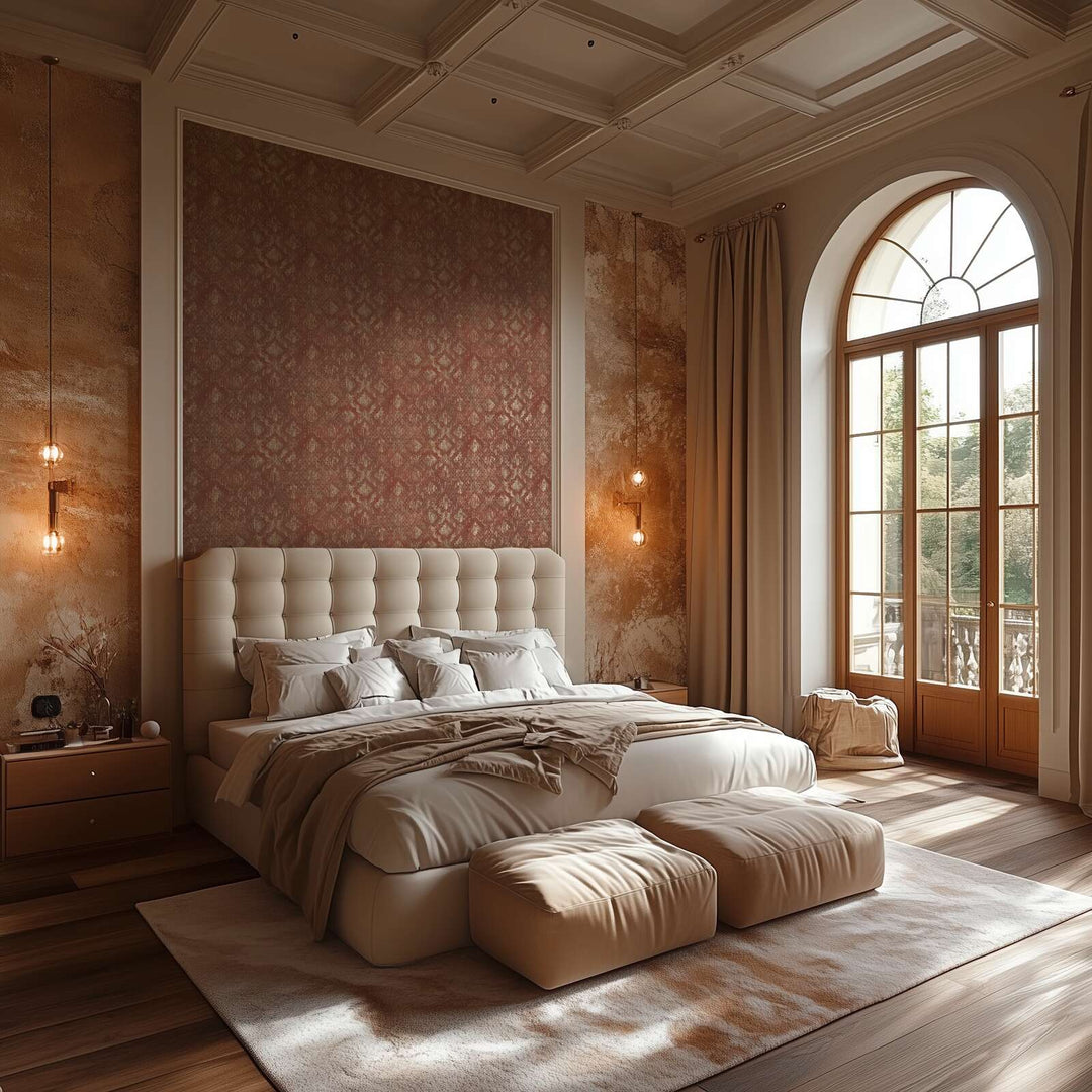 Tapetes ar ornamentu un mirdzošiem akcentiem - sarkanā, zeltā - 786723 AS Creation