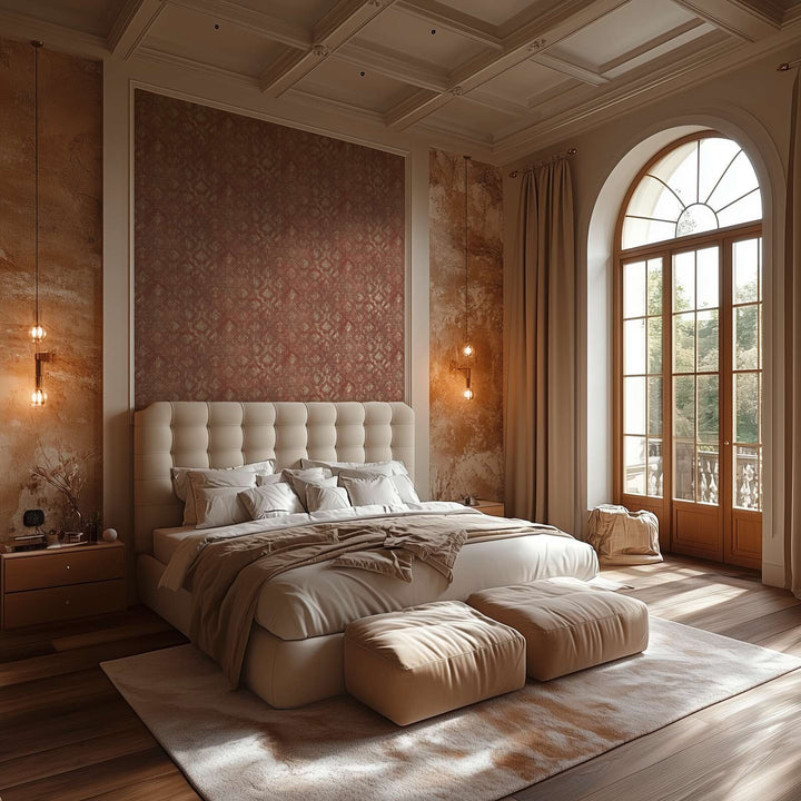 Tapetes ar ornamentu un mirdzošiem akcentiem - sarkanā, zeltā - 786723 AS Creation