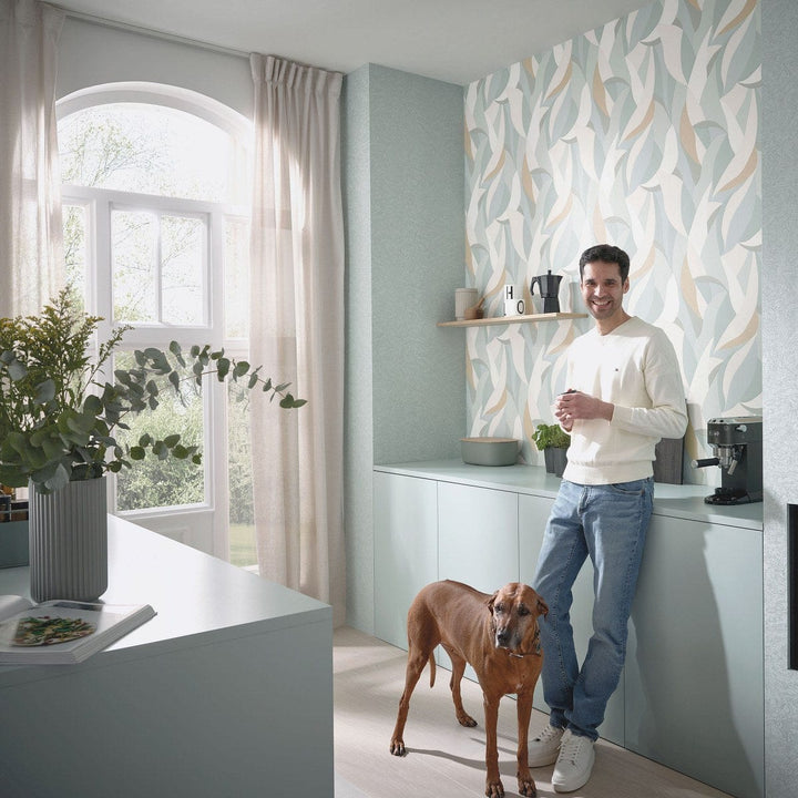 Tapetes ar lielām stilizētām lapām (balta, krēmkrāsa, tirkīza) - 3741623 Erismann