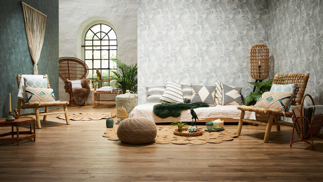 Tapetes ar linu izskatu, Boho džungļu motīvi - balta, zaļa AS 373964 AS Creation