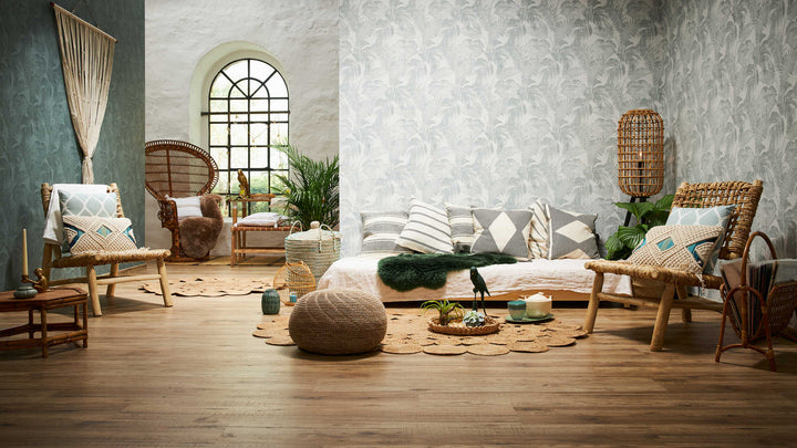 Tapetes ar linu izskatu, Boho džungļu motīvi - balta, zaļa AS 373964 AS Creation