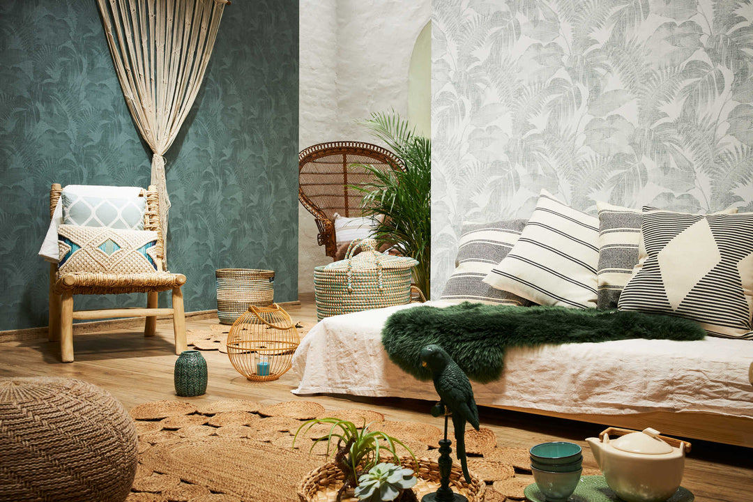 Tapetes ar linu izskatu, Boho džungļu motīvi - balta, zaļa AS 373964 AS Creation