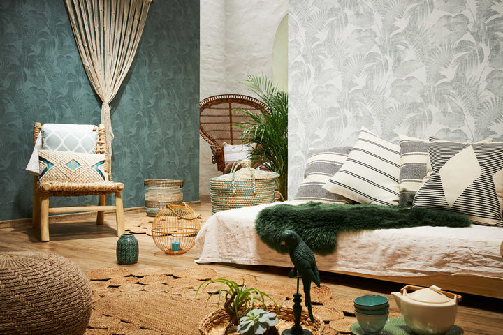 Tapetes ar linu izskatu, Boho džungļu motīvi - balta, zaļa AS 373964 AS Creation