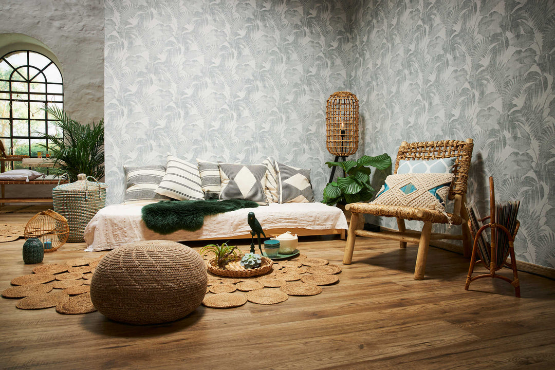 Tapetes ar linu izskatu, Boho džungļu motīvi - balta, zaļa AS 373964 AS Creation