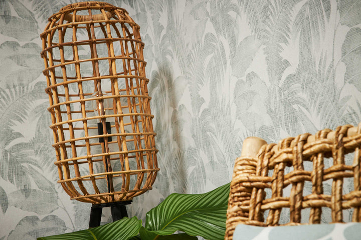 Tapetes ar linu izskatu, Boho džungļu motīvi - balta, zaļa AS 373964 AS Creation