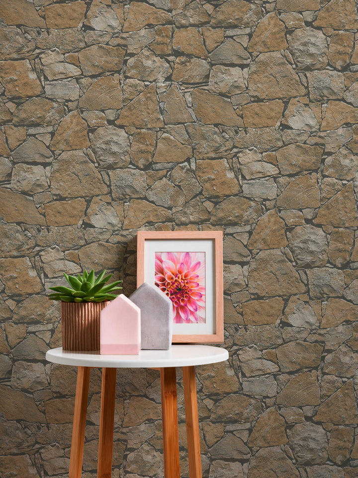 Tapetes ar reālistisku akmens sienas izskatu brūnos toņos - 958631 AS Creation