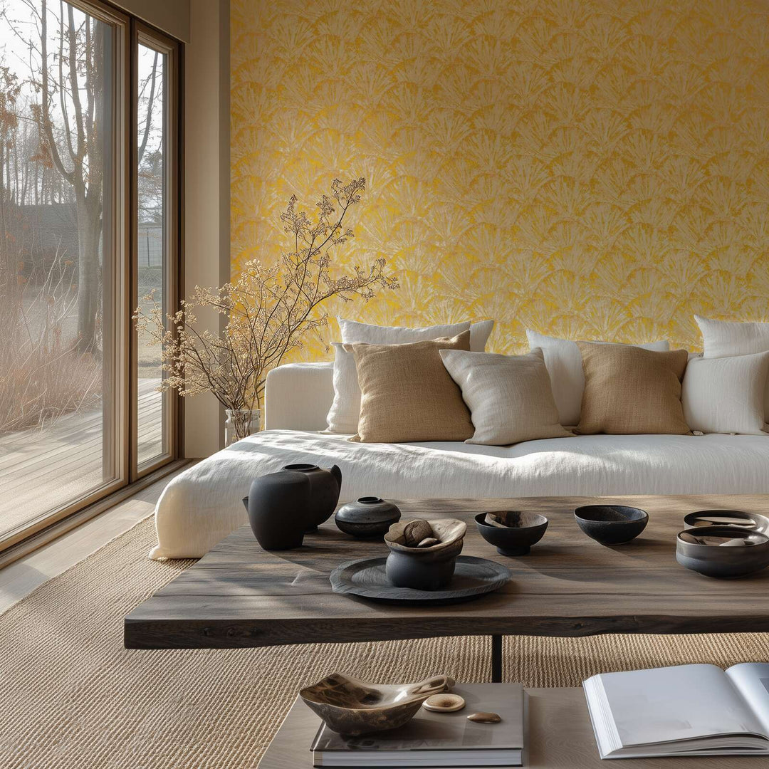 Tapetes ar smalku tekstūru, kas atgādina lapas, dzeltenā krāsā, 781984 AS Creation