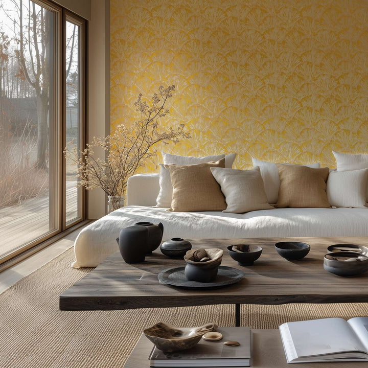 Tapetes ar smalku tekstūru, kas atgādina lapas, dzeltenā krāsā, 781984 AS Creation