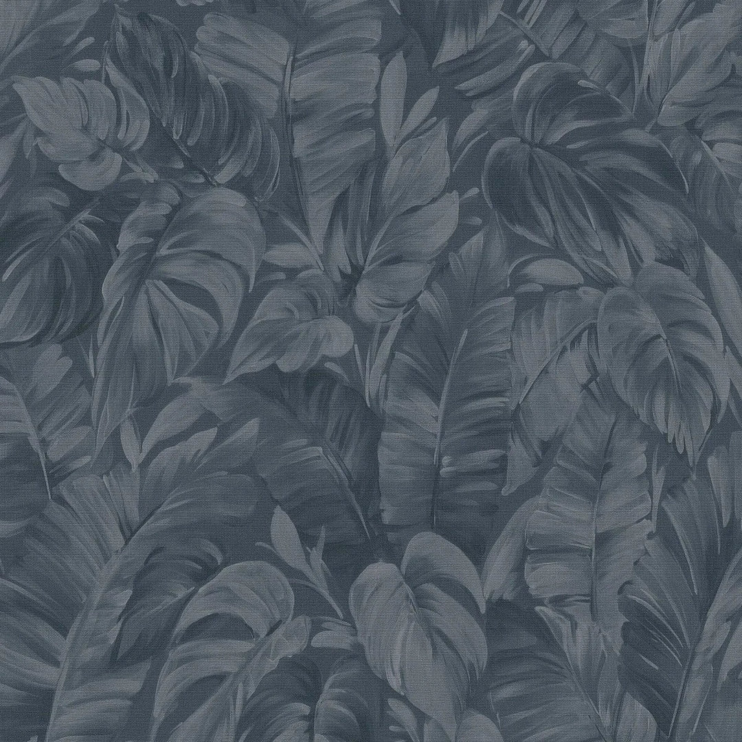 Melnas tapetes ar tropiskām lapām un tekstila rakstu – ideja interjeram Erismann