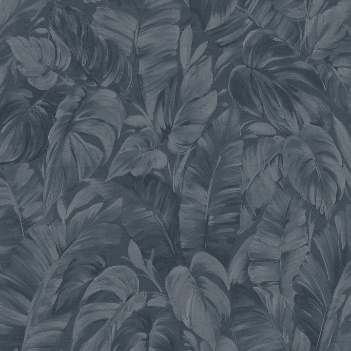 Melnas tapetes ar tropiskām lapām un tekstila rakstu – ideja interjeram Erismann